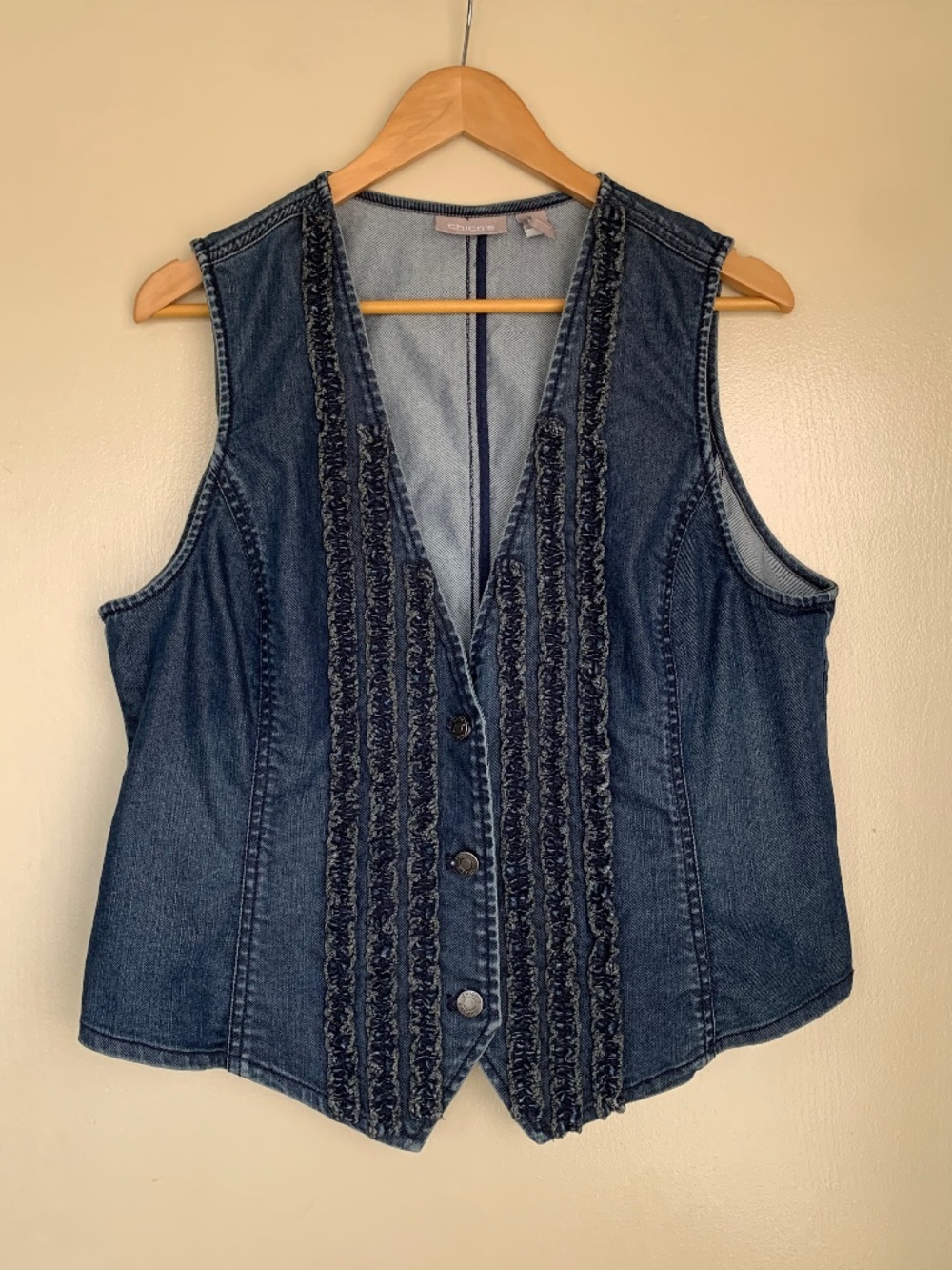 Chico's Blue Denim Jean Vest Sz.2 or L Ruffle Accents Boho Western Rodeo
